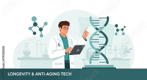 Scientist researching DNA structure and anti-aging technologies in a laboratory setting illustration