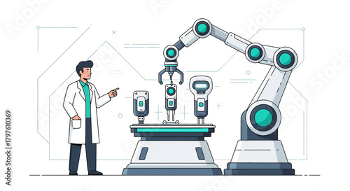 Scientist supervising a robot arm in a futuristic laboratory environment depicting automation and