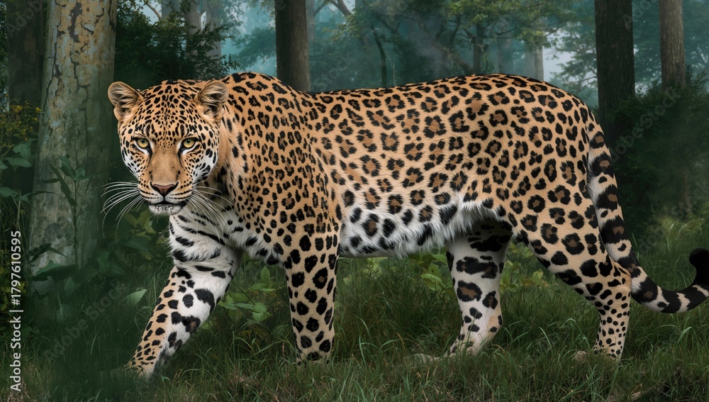 Fototapeta premium The leopard, a member of the Felidae family, showcasing its agility and strength in the wild