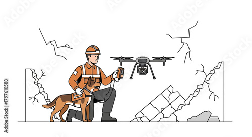 Search and rescue team uses drone and dog after earthquake to find victims illustration