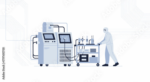Semiconductor manufacturing process with cleanroom engineer operating equipment for precision