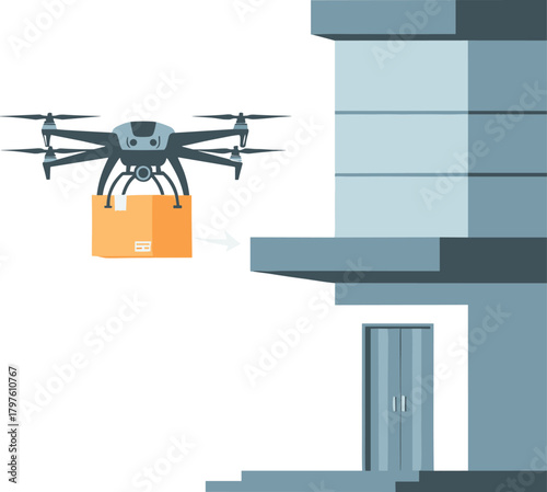Delivery Drone Carrying a Package to a Modern Building, Representing Future Logistics, Automated Shipping, and Technology E-commerce Service Vector.