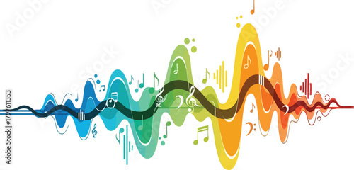 Colorful Music Wave with Floating Notes - Vector Illustration