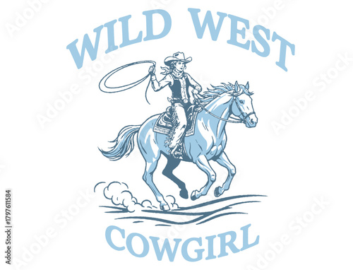 Vector t-shirt graphic showcases a cowgirl riding a horse. The bold text reads "Cowgirls," good vibes capturing a western, adventurous vibe.