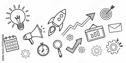 Minimal sketch-style business icons including rocket launch, charts, target, email, clock, pencil, gears, calendar, analytics screen, and paper plane. Clean vector doodle set for startup and workflow 