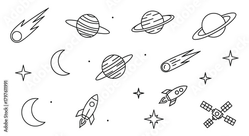 Outline drawings of planets comets rockets moons and a satellite design