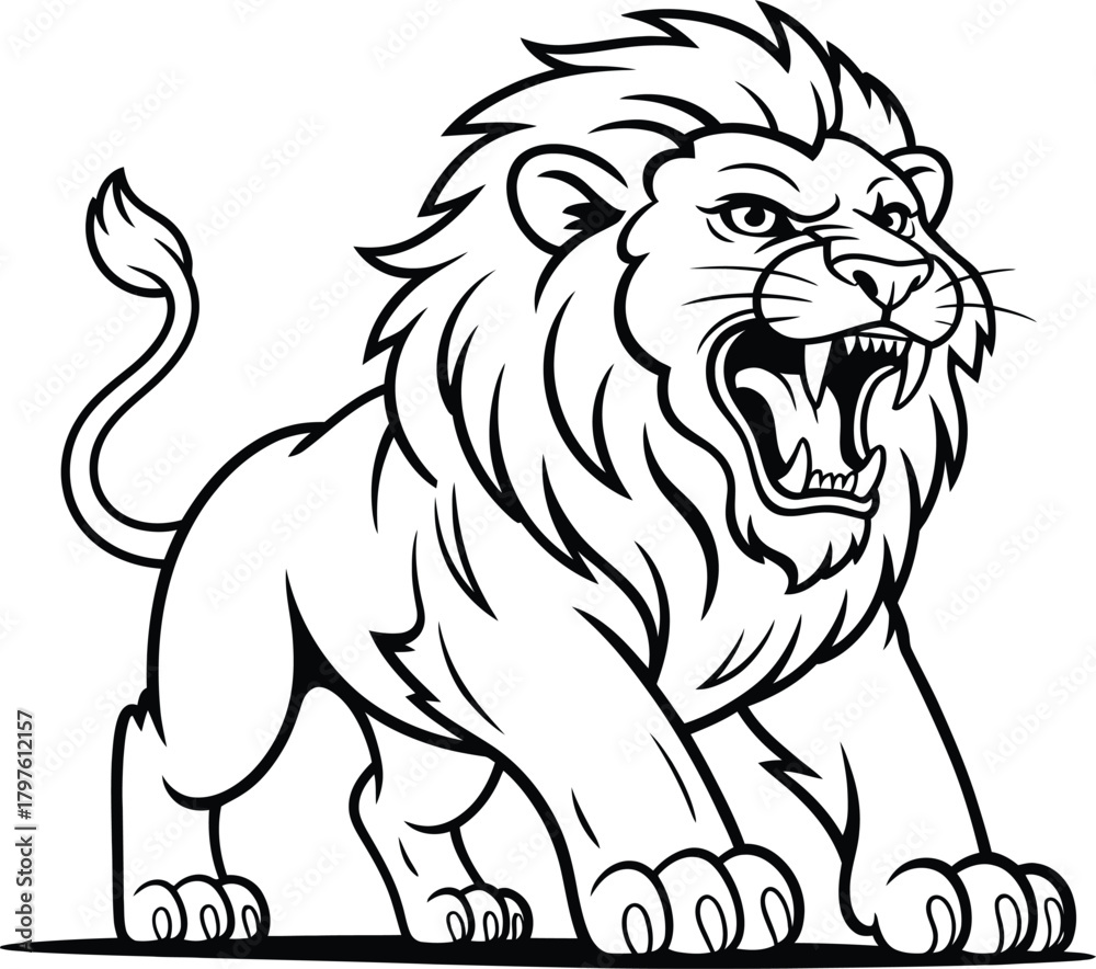 Fototapeta premium Fierce roaring lion illustration for coloring or design projects
