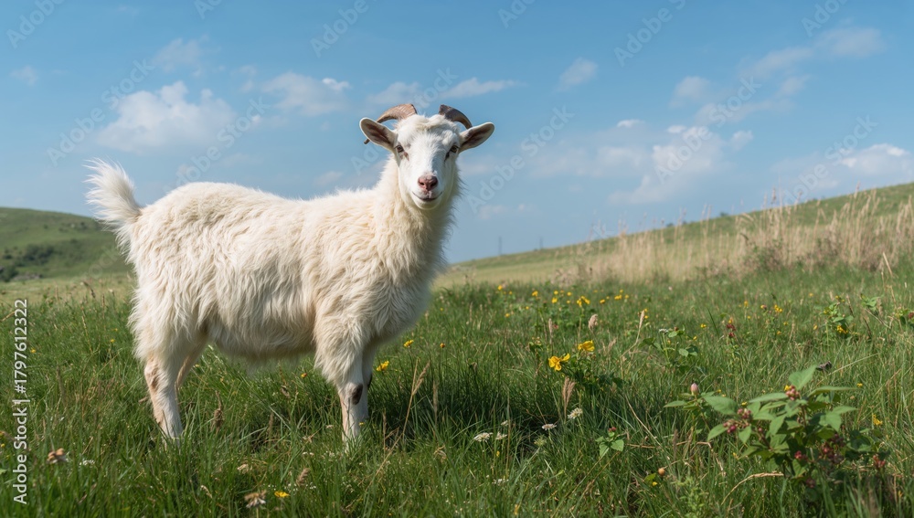 Obraz premium White domestic goat grazing in a meadow, observing nature