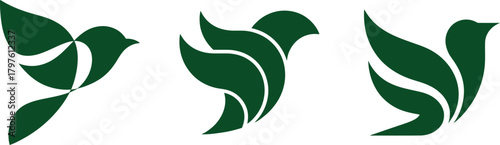 Abstract flying bird logo set. Freedom, motion, and spirit vector icons design featuring stylized green bird in flight.