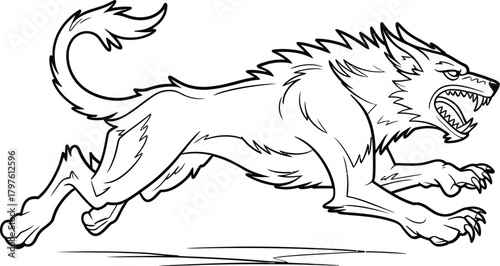 Fierce werewolf in motion with bared teeth and sharp claws