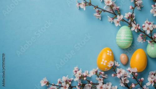 Colorful chocolate eggs surrounded by cherry blossoms on a blue background, seasonal spring theme, Easter