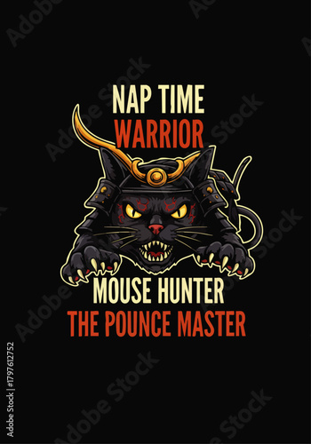 This captivating graphic features a formidable black cat in samurai armor, humorously proclaiming its status as a 'Nap Time Warrior' and 'Pounce Master,' ideal for unique print-on-demand products.
