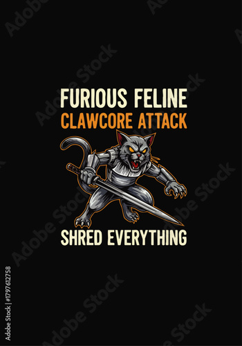 This fierce armored feline warrior, ready for a clawcore attack, embodies powerful determination and a shred-everything attitude, perfect for bold merchandise designs.