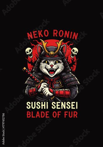 This captivating illustration features a fierce samurai cat, a Neko Ronin, wielding a katana against a dramatic red sun and skull backdrop, perfect for unique merchandise.