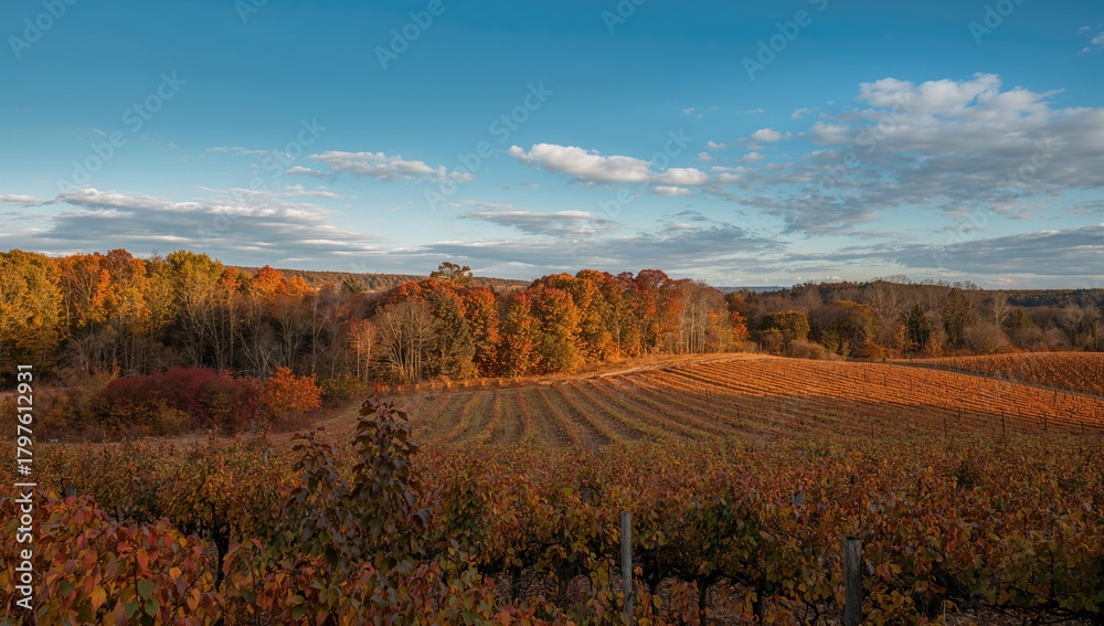 Obraz premium Landscape Featuring Wooded Areas and Vineyards in Fall, Seasonal Change