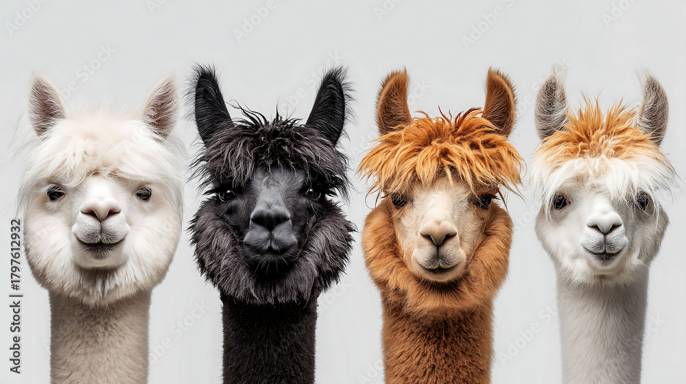Naklejka premium Four adorable llamas with unique haircuts on a white background