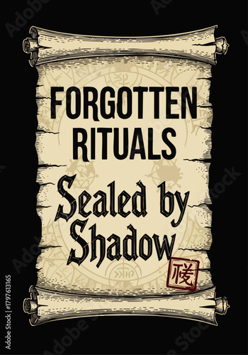 This weathered scroll, bearing the intriguing title "Forgotten Rituals Sealed by Shadow" and an arcane red seal, conjures images of ancient mysteries and dark magic.