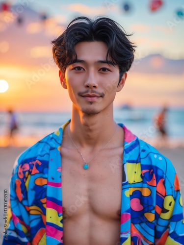 attractive young japanese guy in colorful themed swimwear portrait on beach fun sunset background, facing front and slightly smiling