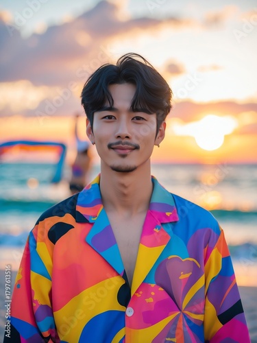 attractive young japanese guy in colorful themed swimwear portrait on beach fun sunset background, facing front and slightly smiling