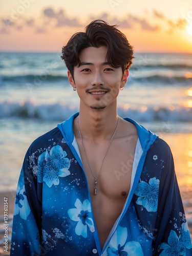 attractive young japanese guy in blue themed swimwear portrait on beach fun sunset background, facing front and slightly smiling