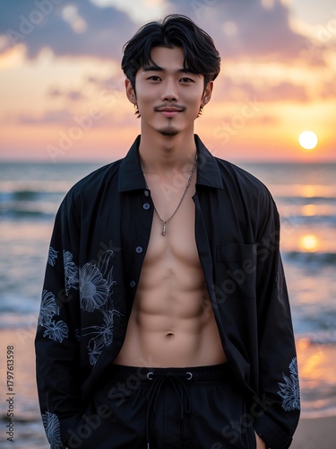 attractive young japanese guy in black themed swimwear portrait on beach fun sunset background, facing front and slightly smiling