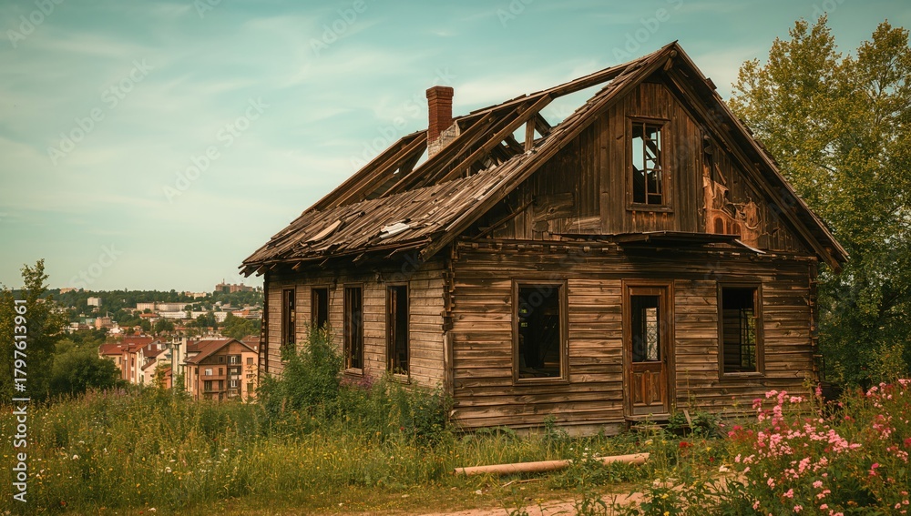 Fototapeta premium Dilapidated wooden house damaged by fire, erosion risk