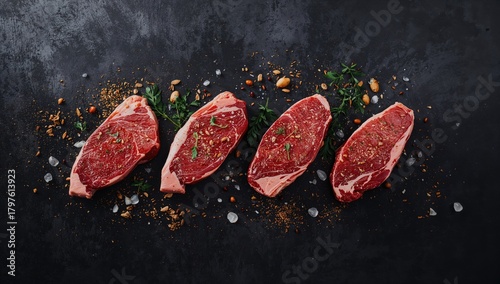 Raw meat steaks on a wooden...