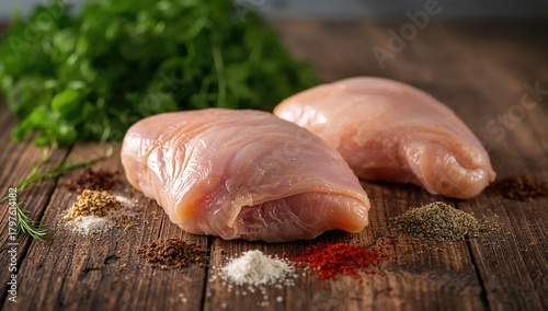 Raw chicken breasts seasone...