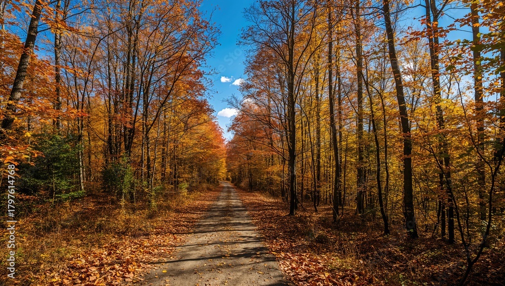 Fototapeta premium The forest trail during a bright autumn day, seasonal change