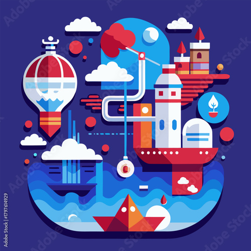 Colorful illustration of a futuristic city with a hot air balloon