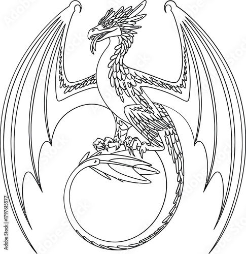 Intricate line drawing of a majestic dragon with large wings and coiled tail