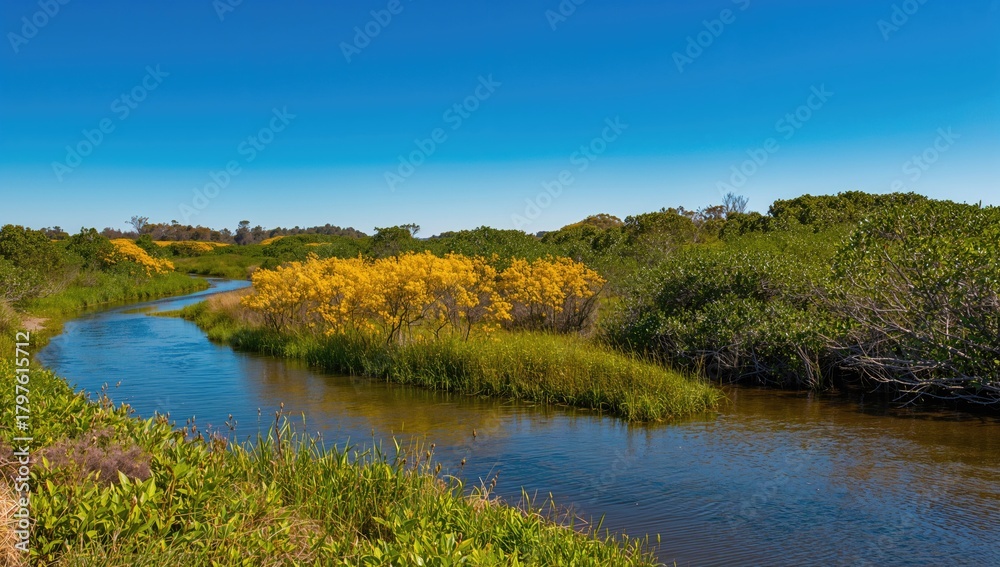 Obraz premium Wetlands featuring vibrant green flora and a flowing stream, highlighting seasonal change