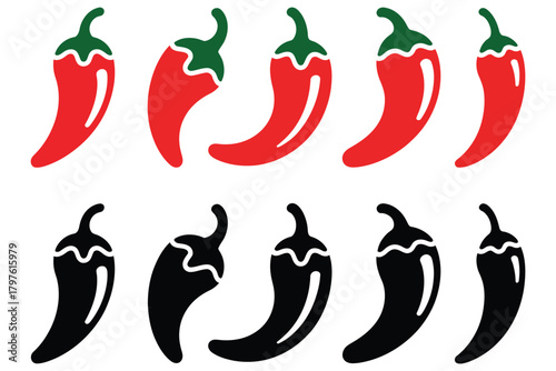 Chili pepper icon set illustrated as clean vector graphics on a white background, featuring bold spicy elements ideal for food branding, cooking apps, restaurant menus, and modern digital design proje