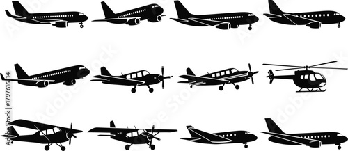 PrintSilhouette collection of airplanes, jets, propeller aircraft, and helicopter in various aviation styles, detailed transport icons for travel, flight design