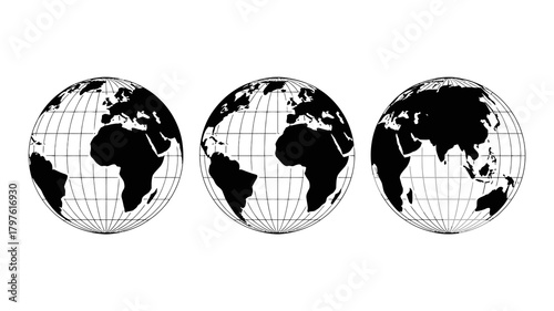 Three distinct black and white globes showcasing various continents and global gridlines, representing world geography and interconnectedness.