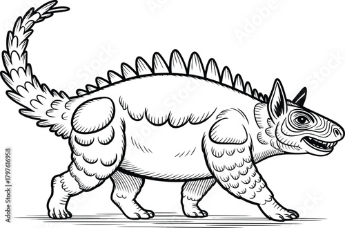 Line art illustration of a spiky dinosaur with a long tail and horns