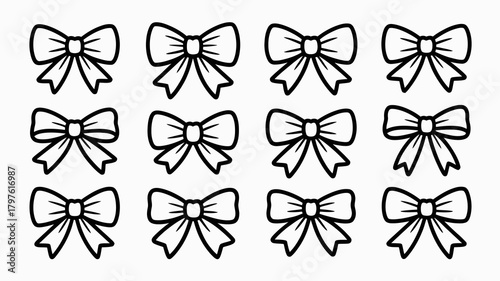 A collection of cute black outline bow illustrations, perfect for gift wrapping, celebrations, and festive decorative elements.