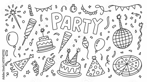 Hand-drawn party doodle collection: festive celebration elements including cake, balloons, confetti, disco ball, pizza art, and hats.