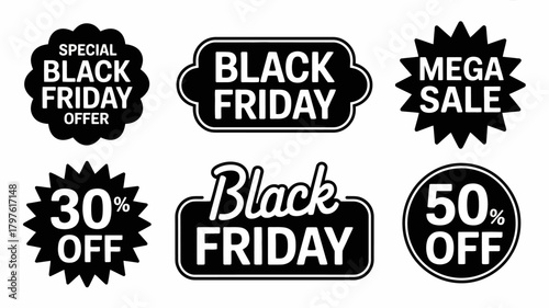Black friday sale promotion badges and discount labels vector illustration set with various shapes for shopping, e-commerce, and advertising.