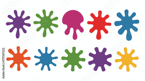 Vibrant collection of colorful abstract paint splatters, ink blots, and liquid drips, artistic graphic elements on a white background