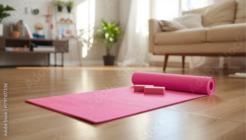 Pink yoga mat spread out on...