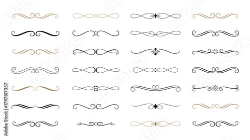 Elegant vector set of calligraphic design elements, vintage text dividers, and ornamental flourishes for classic page decoration and invitations.