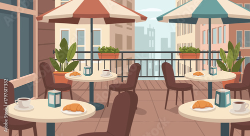 Enjoy a relaxing breakfast on a charming outdoor cafe terrace with fresh croissants and coffee, perfect for lifestyle, travel, or hospitality branding