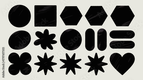 Textured black geometric and organic shapes with grainy grunge effect on a light background. retro, modern graphic design elements.