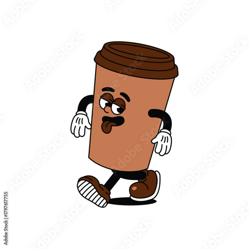 Tired Coffee Cup Character Walking with Tongue Out. Coffee Cup Logo Retro Mascot Character. Coffee Cup Clip Art Illustration.