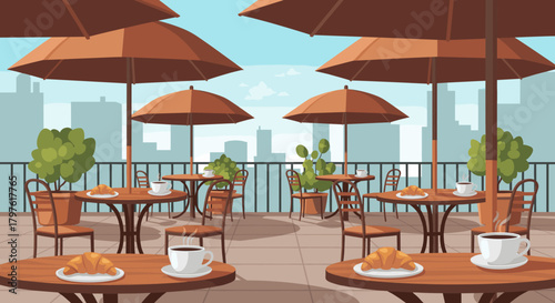 Relaxing cafe vibe with coffee and croissants on rooftop terrace overlooking cityscape, perfect for lifestyle blogs and travel promotions, inviting serenity