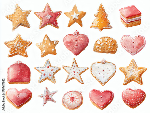 Set of various gingerbread cookies watercolor illustration, AI generated