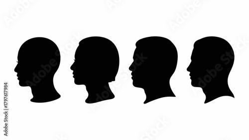 Diverse human head silhouettes in profile, illustrating individuality and anonymity against a clean white background. conceptual design.