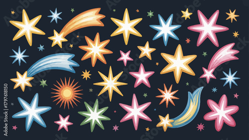 Colorful cartoon stars and streaking comets illustrate a lively celestial event, perfect for joyous celebrations and magical themes