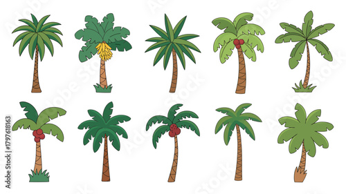 Vibrant cartoon palm trees collection featuring diverse styles, some with coconuts and bananas, for tropical designs, summer, and beach themes